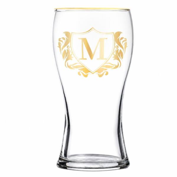 15 oz Monogrammed Letter M Beer Glass with Gold Rim, Personalized Custom Initial Pint Glass Gift for Dad