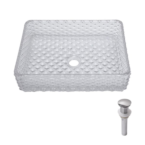 17.5 in. Square Vessel Bathroom Sink Tempered Glass in White with Pop-up Drain