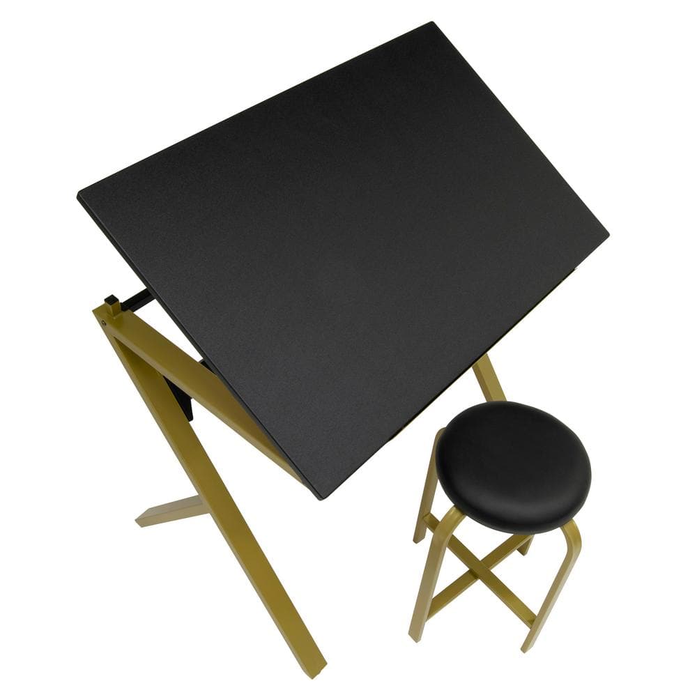 Stellar 36" Black and Gold Adjustable Drawing Table with Padded Stool