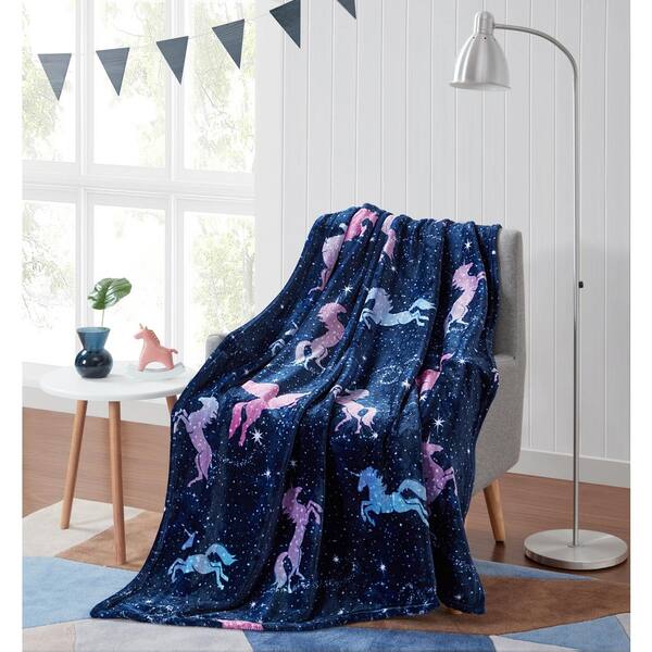 Blue with White Unicorn multi-colored printed fleece throw blanket 50 x 60 