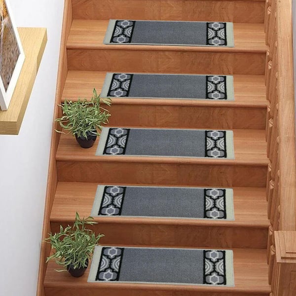 Indoor Trellis Border Gray 8.5 in. x 26 in. Stair Tread Cover (Set of 7)