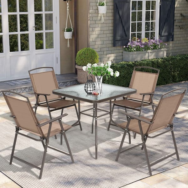 5-Piece Metal Square Outdoor Dining Set in Brown