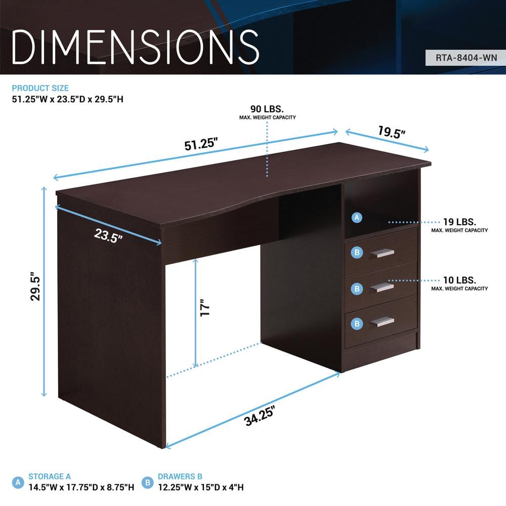 Espresso Gray 51" Wood Desk with 3 Drawers and Shelf