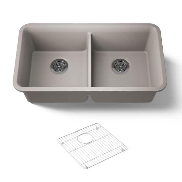 Cairn Undermount Neoroc Granite Composite 33.5 in. Double Bowl Kitchen Sink Kit in Matte Taupe