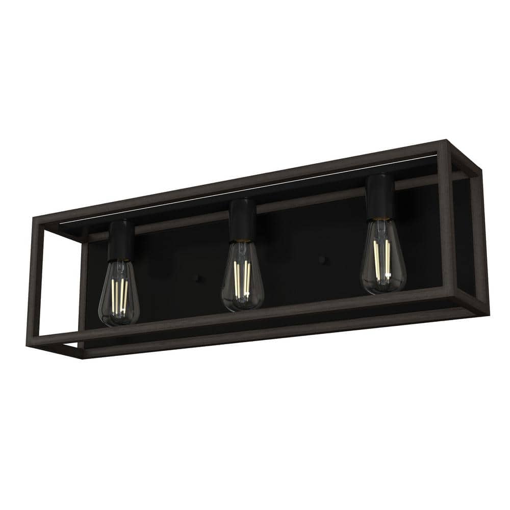 Hunter Squire Manor 25 in. 3-Light Matte Black Vanity Light with Dark Ash Frame