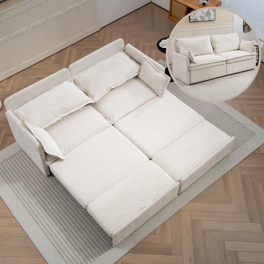 White 73.6 in. Corduroy Convertible Sleeper Sofa Bed Couch with Side Storag
