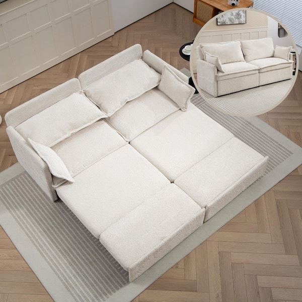 White 73.6 in. Corduroy Convertible Sleeper Sofa Bed Couch with Side Storage, and USB/C-TYPE Charging Ports
