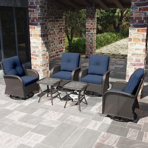 6-Piece Wicker Swivel Outdoor Rocking Chairs Patio Conversation Set with Blue Cushions