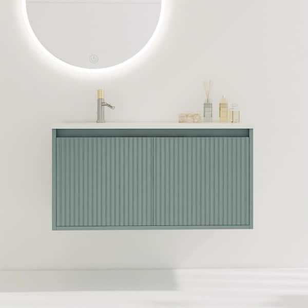 35-13/16 in. W x 18.2 in. D x 18.2 in. H Drop-Shaped Single Sink Floating Bathroom Vanity in Green with White Resin Top
