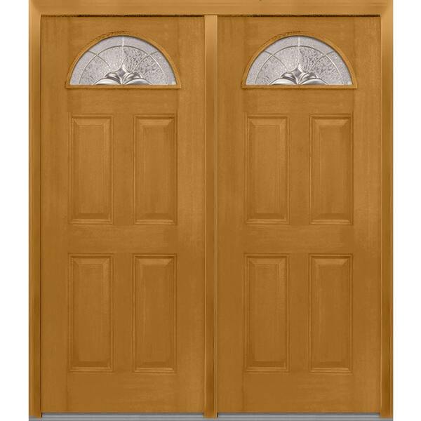 MMI Door 64 in. x 80 in. Heirloom Master Left-Hand Inswing Fan Lite Decorative Stained Fiberglass Mahogany Prehung Front Door