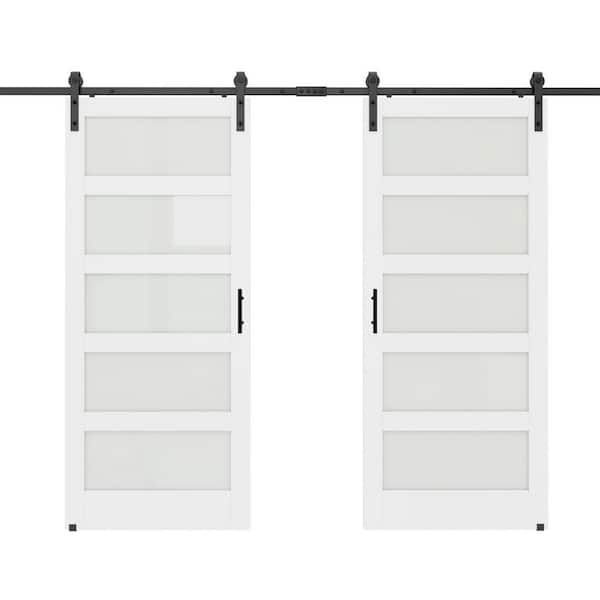ARK DESIGN 72 in. x 84 in. 5-Lite Tempered Frosted Glass White Primed MDF Wood Sliding Barn Door with Hardware Kit