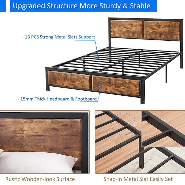 VECELO Queen Size Platform Metal Bed Frame with Wooden VECELO Queen Size Platform Metal Bed Frame with Wooden