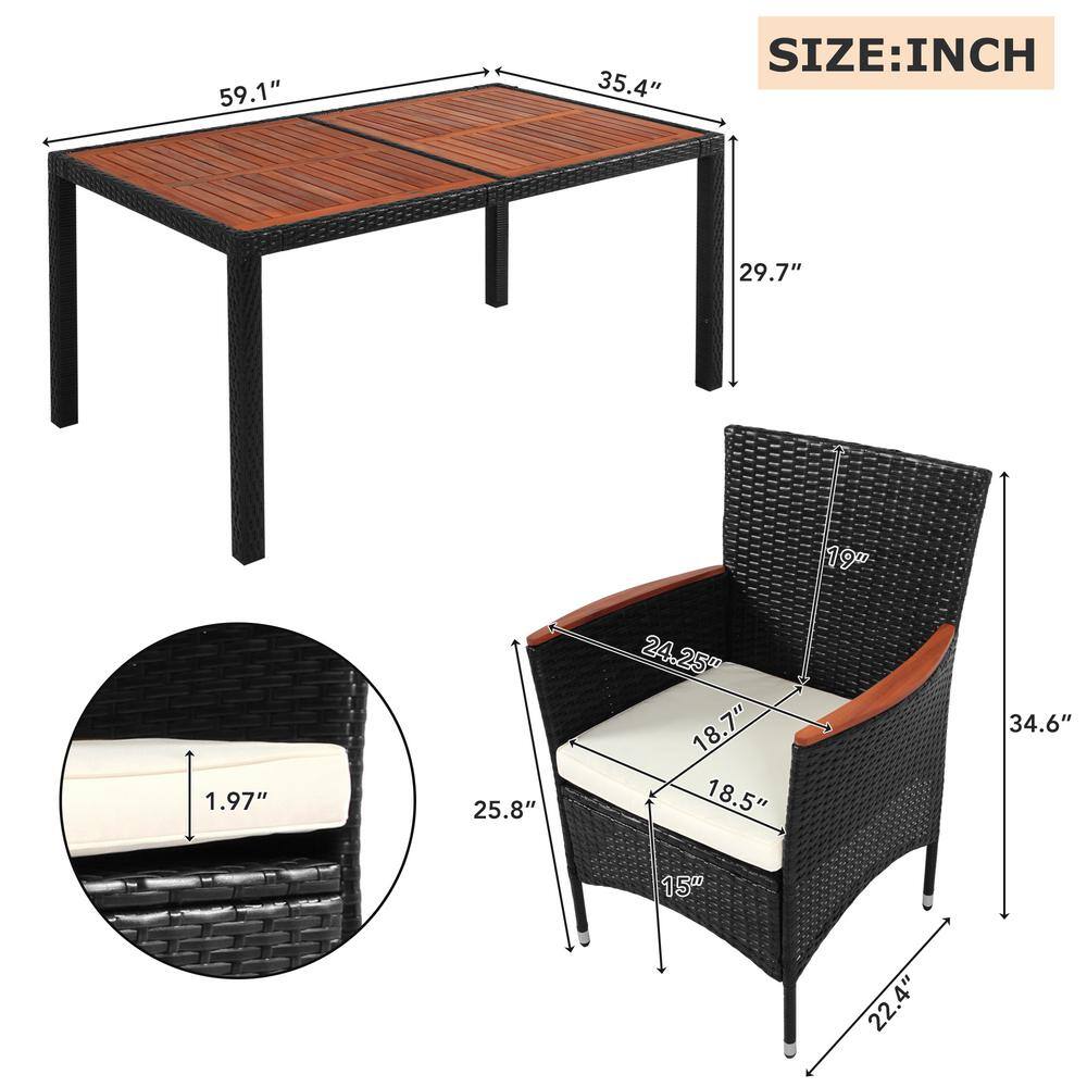 7-Piece Reddish-Brown Wood and Black Wicker Outdoor Dining Set with Beige Cushions