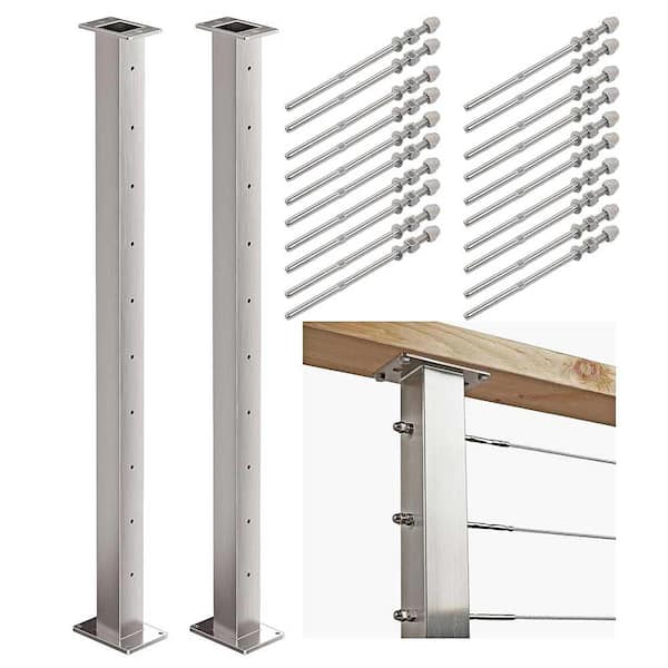 Stainless Steel 40.5 in. x 2 in. Cable Railing Posts w/ 1/8 Cable Kit for Deck and Balcony Rust Resistant  2 Pack SIlver