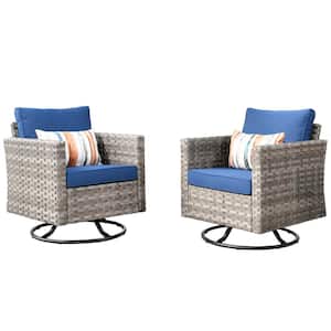 Tahoe Grey Swivel Rocking Wicker Outdoor Patio Lounge Chair with Navy Blue Cushions (2-Pack)