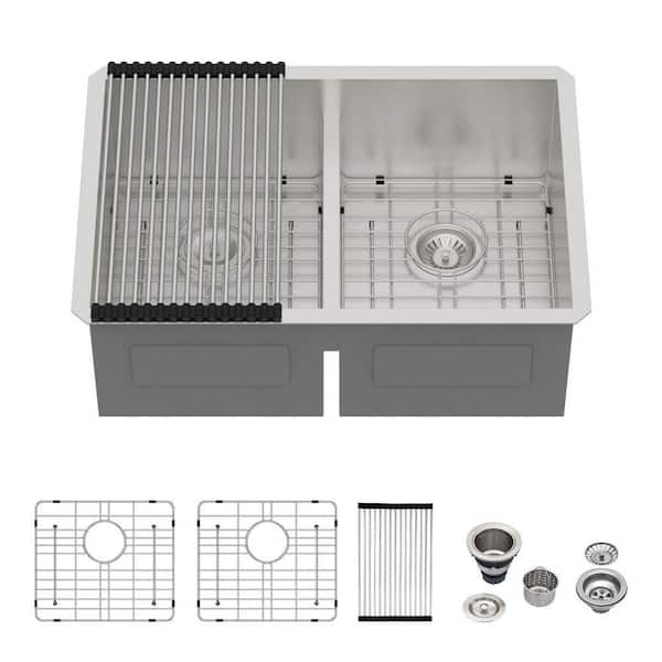 28 in. Undermount 50/50 Double Bowl Low-Divide 16 Gauge Brushed Nickel Stainless Steel Kitchen Sink with Strainers