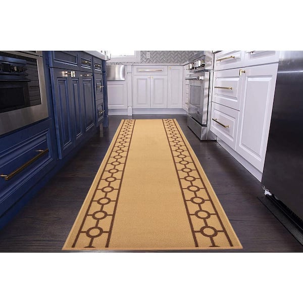 Chain Border Design Cut to Size Beige Color 31 .5" Width x Your Choice Length Custom Size Slip Resistant Runner Rug