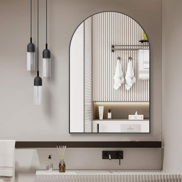 FUNKOL 24 in. W x 32 in. H Arched Aluminum Framed Wall Mounting Vanity Mirror in Black