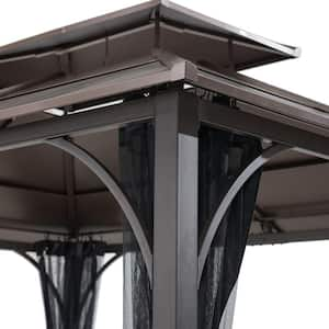 Atasha 10 ft. x 12 ft. Brown Steel Gazebo with 2-Tier Hip Roof Hardtop with Mosquito Netting