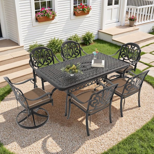 Elizabeth 7-Piece Cast Aluminum Outdoor Dining Set with Rectangular Table and Swivel Dining Chairs with Brown Cushion