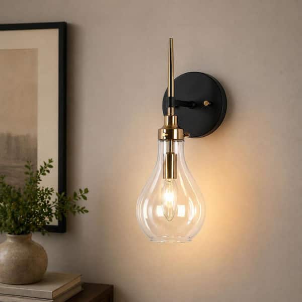 15-in H. Modern Bedroom Teardrop Wall Sconce 1-Light Black and Brass Gold Bathroom Vanity Light with Clear Glass Shade