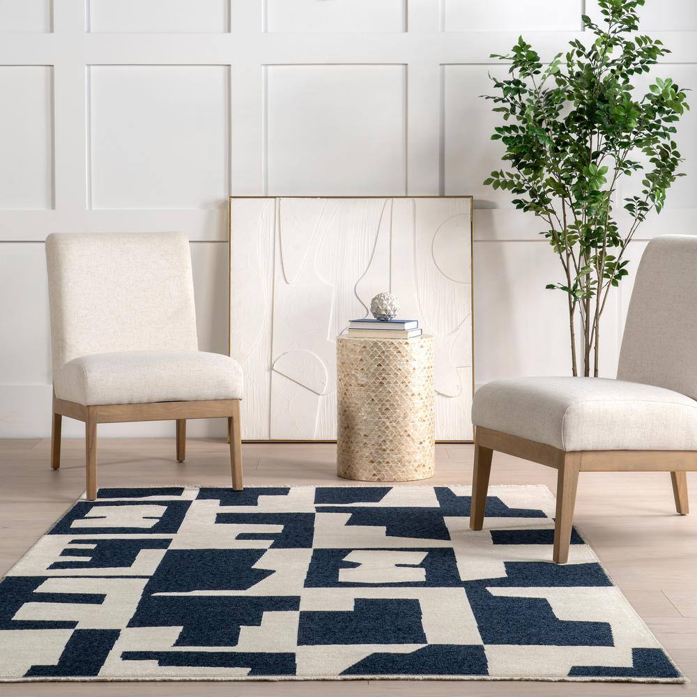 Viktoria Navy and White Geometric Reversible Washable Rug