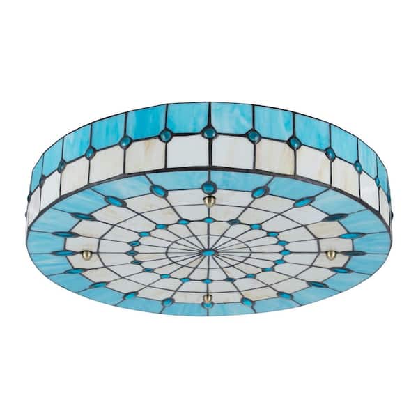 OUKANING Blue and White Modern Round 20 in. 4-Light Geometric Flush Mount Ceiling Light with Glass Shade and No Bulbs Included