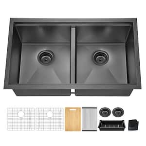 33 in. Undermount Double Bowl 18 Gauge Gunmetal Black Stainless Steel Workstation Kitchen Sink