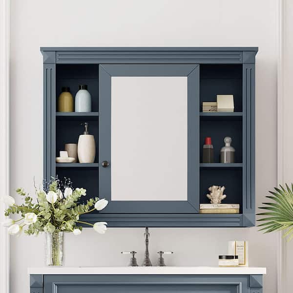 35 in. W x 28 in. H Blue Rectangular Medicine Cabinet with Mirror and Adjustable Shelves