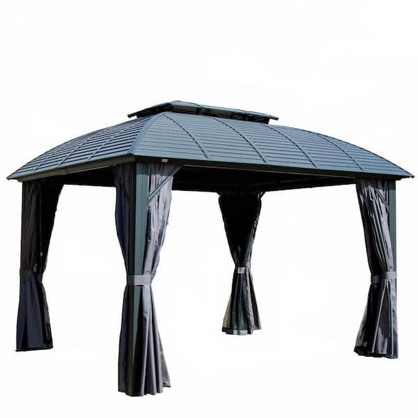 10 ft. x 12 ft. Hardtop Gazebo Metal Gazebo with Galvanized Steel Double Roof Canopy, Curtain and Netting, Backyard