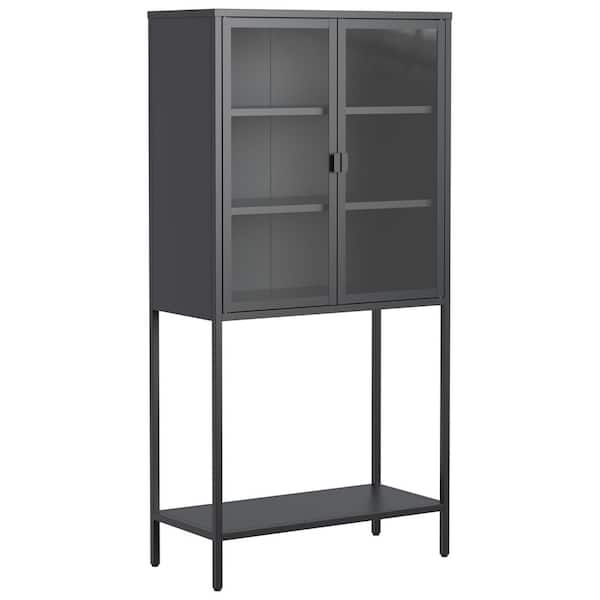 Amucolo Black 59 in. Heavy Duty Metal Storage Cabinet Office Storage Cabinet with Glass Doors and 2-Adjustable Shelves