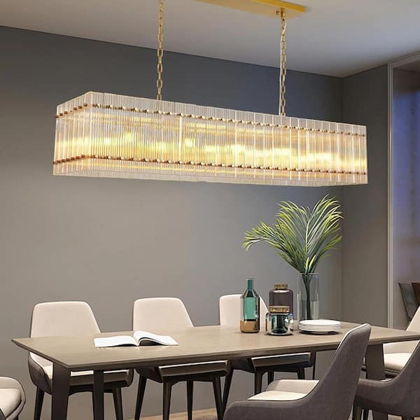 Modern 54 in. 2-Tier 10-Light Gold Water Ripple Rectangle Chandeliers with Crystal Glass