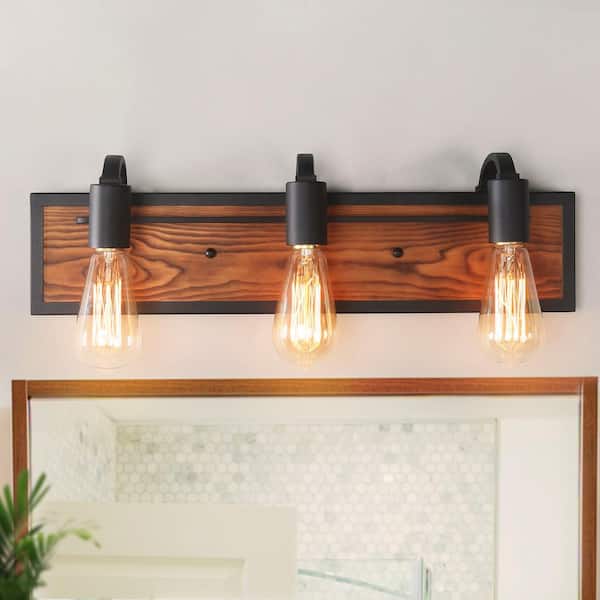 LNC Modern Industrial Matte Black Bathroom Pipe Vanity Light Rustic 3-Light Wall Sconce with Rectangle Solid Wood Backplate