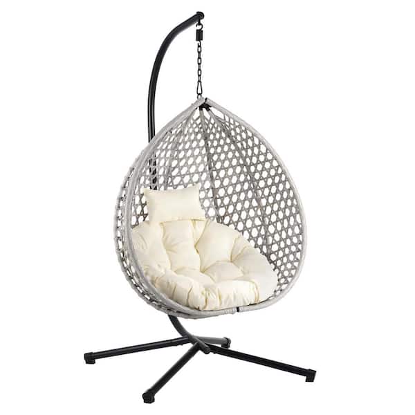Unbranded 1-Person Metal Patio Swing Egg Chair with Gray Chair and White Cushions for Indoor and Outdoor