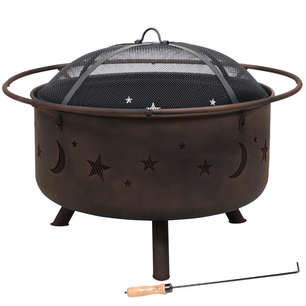 Bronze 30" Round Wood-Burning Steel Fire Pit with Cooking Grate