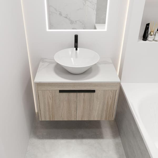 Xspracer Victoria 30 in. W x 19 in. D x 24 in. H Floating Single Sink Bath Vanity with Stone in White and Cabinet in Wood Top