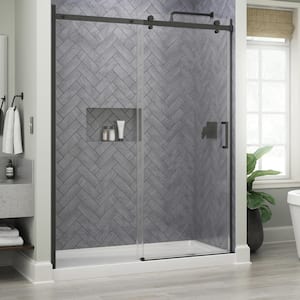 60 in. W x 76 in. H Sliding Frameless Shower Door in Black with Clear Glass