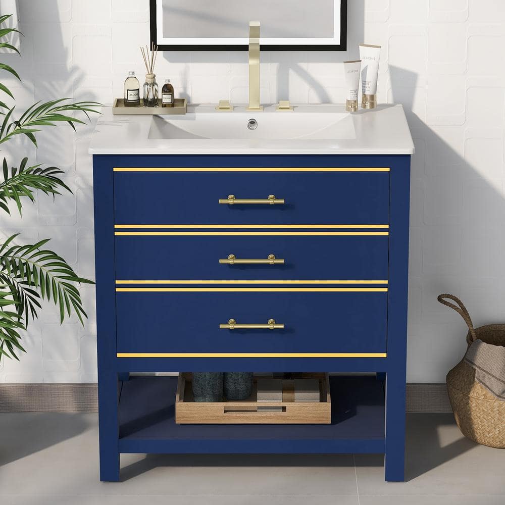 30 in. W x 18 in. D x 34 in. H Freestanding Bath Vanity in Navy Blue with White Ceramic Top and Two-Drawers price history on PriceWatchPro