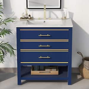 30 in. W x 18 in. D x 34 in. H Freestanding Bath Vanity in Navy Blue with White Ceramic Top and Two-Drawers