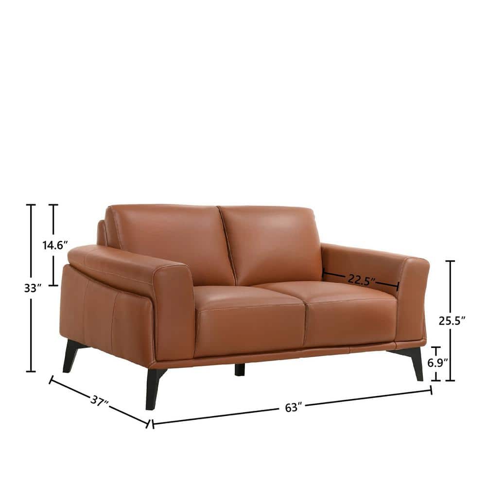 Terracotta Leather Loveseat with Flared Arms and Metal Base
