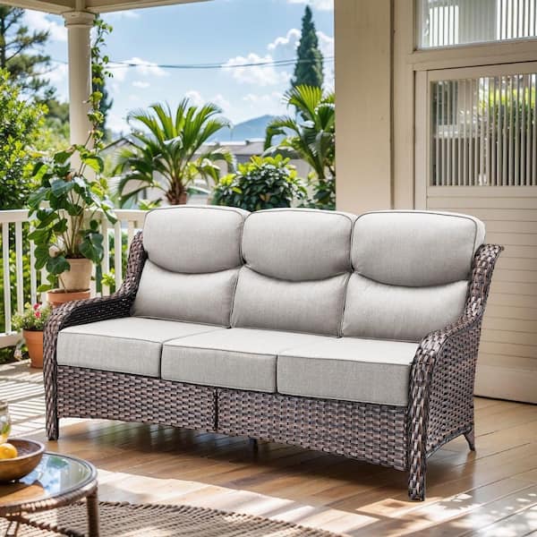 Opohoro Arcadia Brown Wicker Outdoor 3-Seat Couch with High Curved Back and 6 in. Thick Beige Box-Edge Cushions