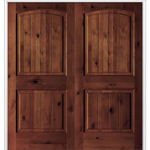 48 in. x 80 in. Rustic Knotty Alder Arch Top VG Universal Red Mahogany Stain Wood Double Prehung Interior Door