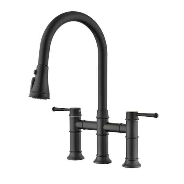 Pdpbath Double Handle Bridge Kitchen Faucet with Pull-out Sprayer in Matte Black