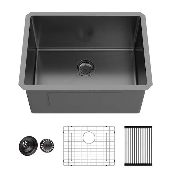 24 in. Undermount Single-Bowl 16-Gauge Gunmetal Black Stainless Steel Kitchen Sink with Bottom Grid, Baskets Strainers