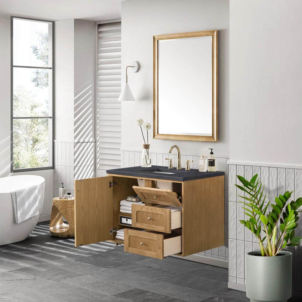 Laurent 36" Light Natural Oak Wall-Mount Vanity with Charcoal Quartz Top