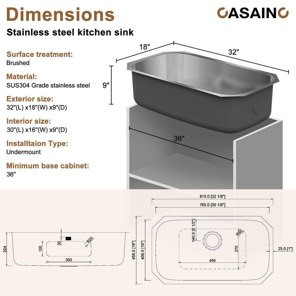 32'' Brushed Stainless Steel Undermount Single Bowl Kitchen Sink