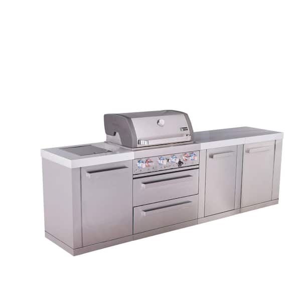Premium 4-Burner 107 in. Propane Natural Gas Outdoor Kitchen + Side Burner & Storage BBQ Grill Island in Stainless Steel