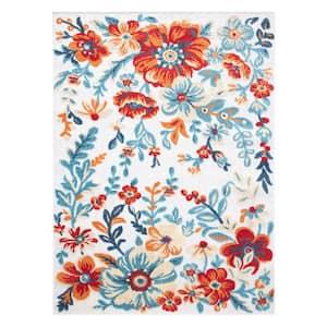 Hibiscus Bloom Ivory/Red 8 ft. x 10 ft. Floral Modern Indoor/Outdoor Patio Area Rug