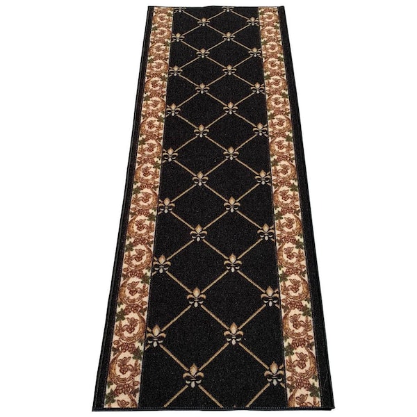 Fleur De Lis French Black 26 in. W x 2 ft. L RunnerRug/Stair Runner 4.4 sq. ft.