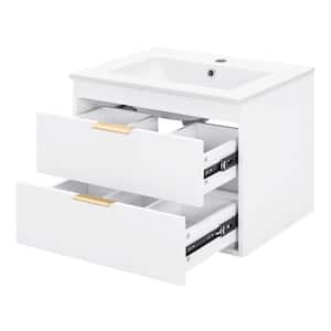 Anky 24.2 in. W x 17.72 in. D x 18.7 in. H 1-Sink Wall Mounted Bath Vanity in White with White Porcelain Top, 2-Drawers